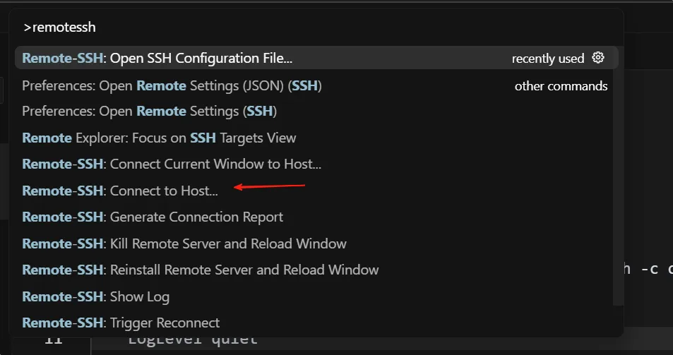 在命令面板输入SSH，进入"Remote SSH - Connect to Host…"