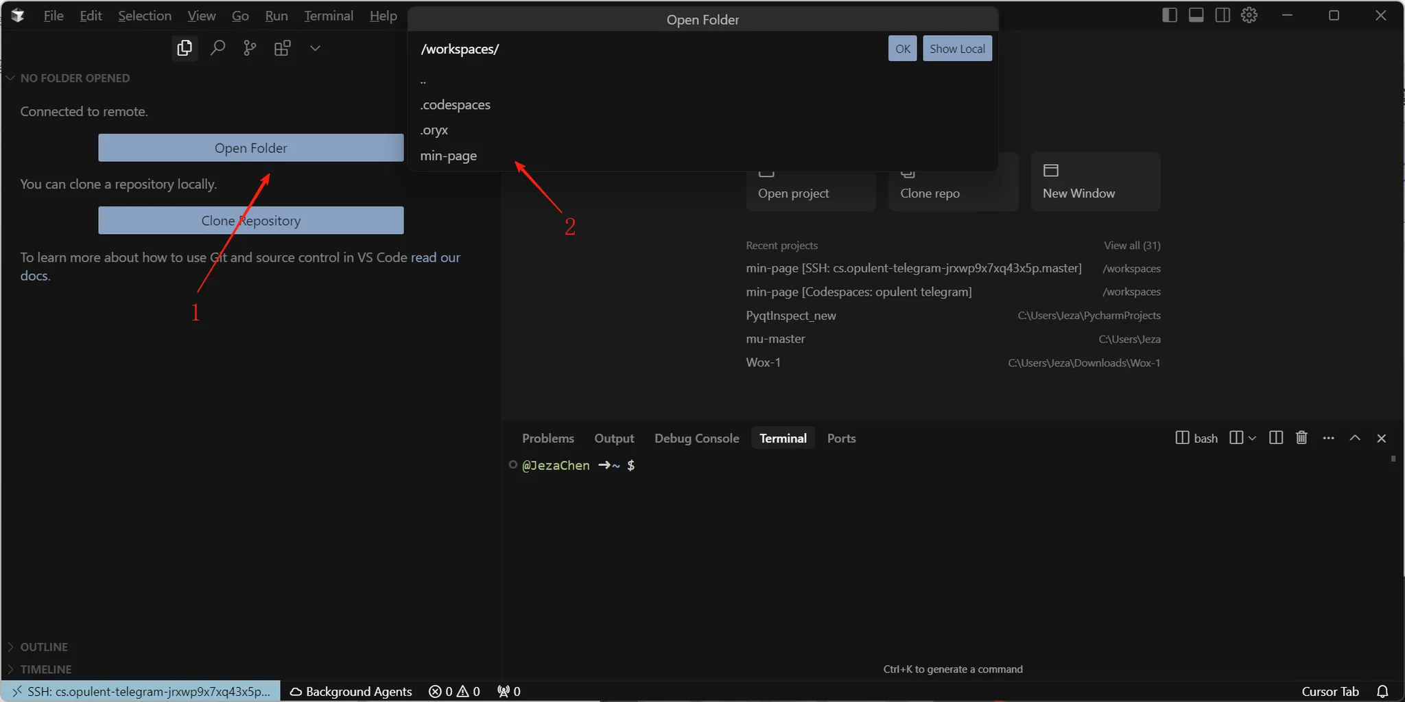 在新拉起的Cursor界面上点击"Open Folder"，打开项目所在目录